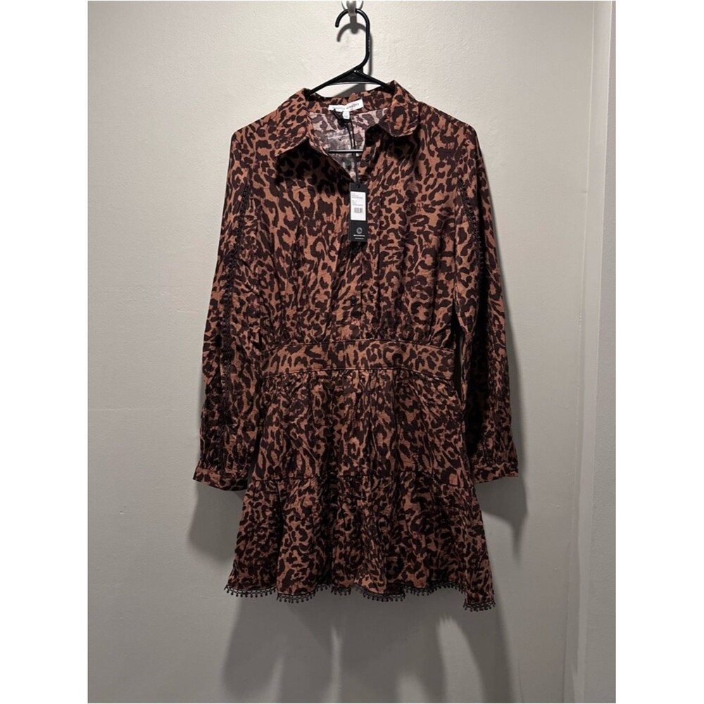 NWT Rebecca Minkoff Cocoa Leopard Print Brown Tiered Shirt Dress Size Small